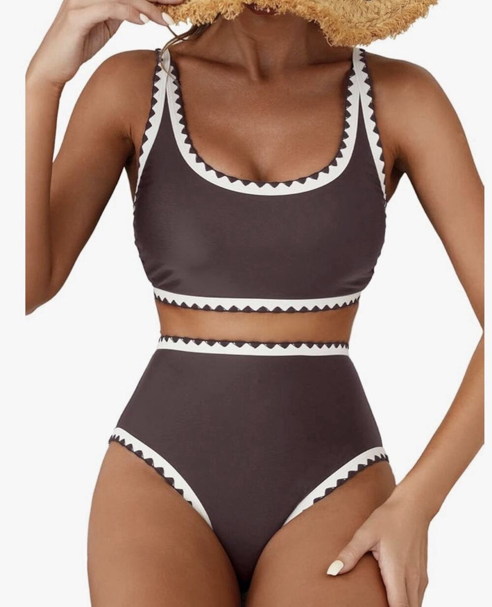 Herseas Women's Bikini Set Whip Stitch 2 Piece Swimsuit Brown Small
